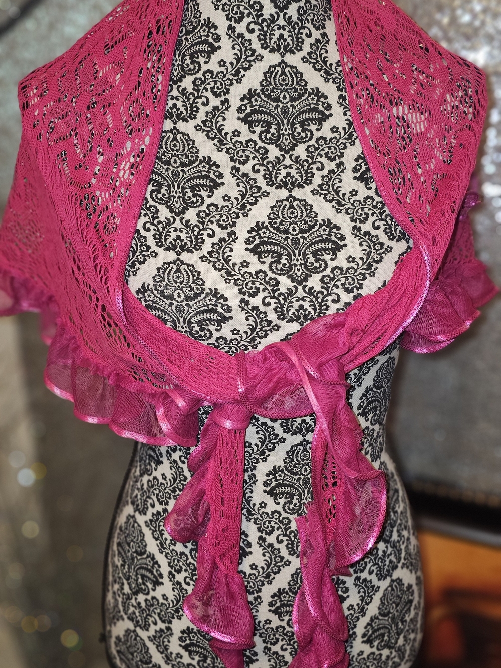 Bright Fuchsia Lace Ruffle Tie Shawl - Women's Wrap